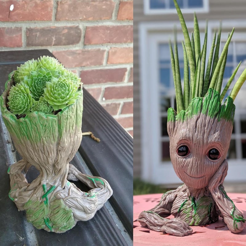 ZUSONUD Baby Groot Pen Pot Tree Man Pens Holder or Flower Pot with Drainage Hole Perfect for a Tiny Succulents Plants 6" (Grayish Brown) - Image 3